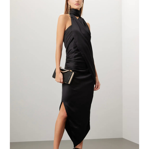 Arias Black Satin Halter Gown Size 2 Cocktail Asymmetric Ruched Maxi Dress $850 - Picture 1 of 11